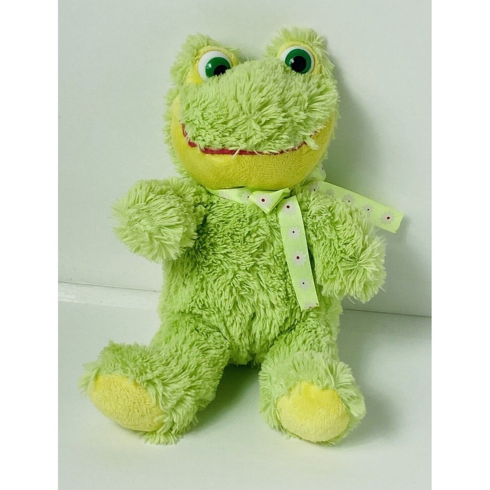 Frog Stuffed Animal Toy Lime Green Neon Soft Cute with Bow 8”